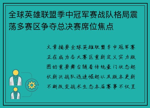 全球英雄联盟季中冠军赛战队格局震荡多赛区争夺总决赛席位焦点